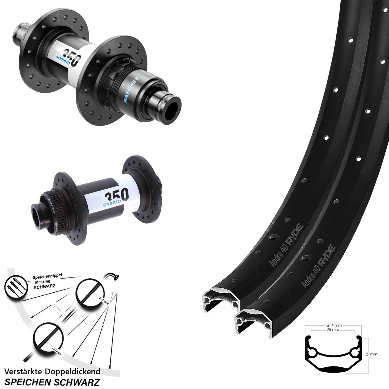 Centerlock Laufradsatz 15x110 12x148 27,5 Zoll Ryde Andra 40 DT Swiss 350 Hybrid SRAM XD