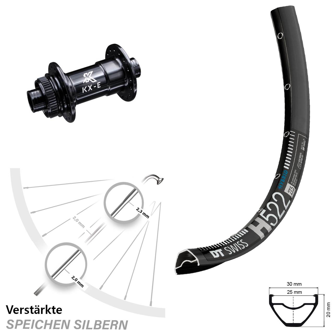 KX-E Nabe Centerlock 15x100 mm schwarz DT Swiss H 522 Vorderrad 27,5 Zoll E-Bike