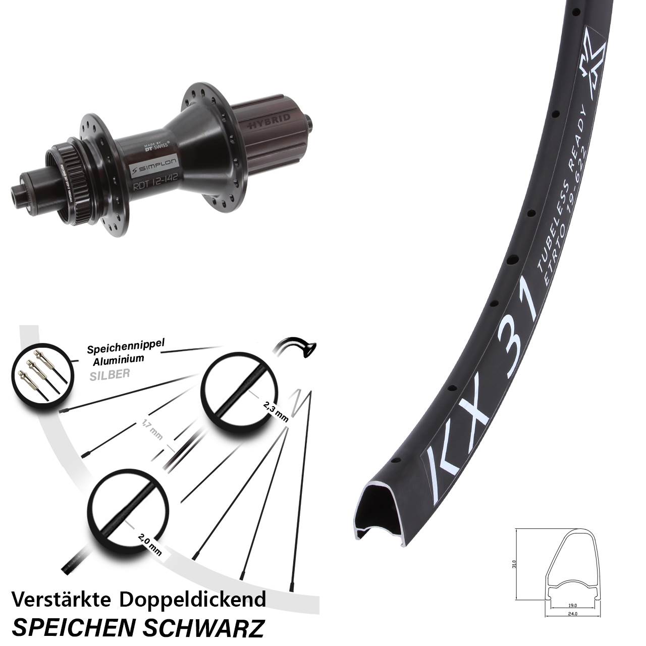 28 Zoll KX 31 Offset DT Swiss 370 Hybrid Disc Hinterrad QR 8-11 fach