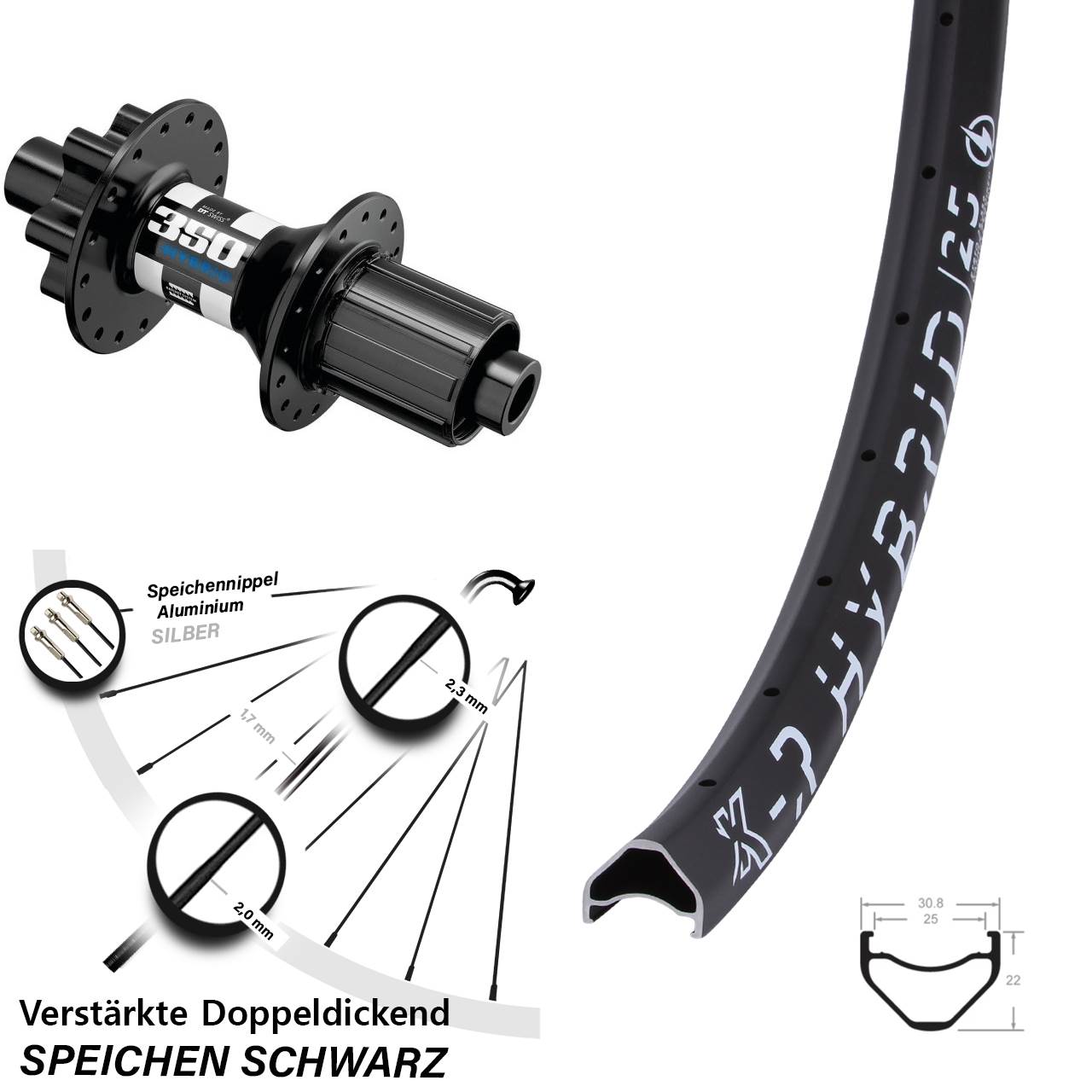 Hinterrad 27,5 Zoll KX-R Hybrid 25 DT Swiss 350 8-11 fach 12x148 Boost 6-Loch