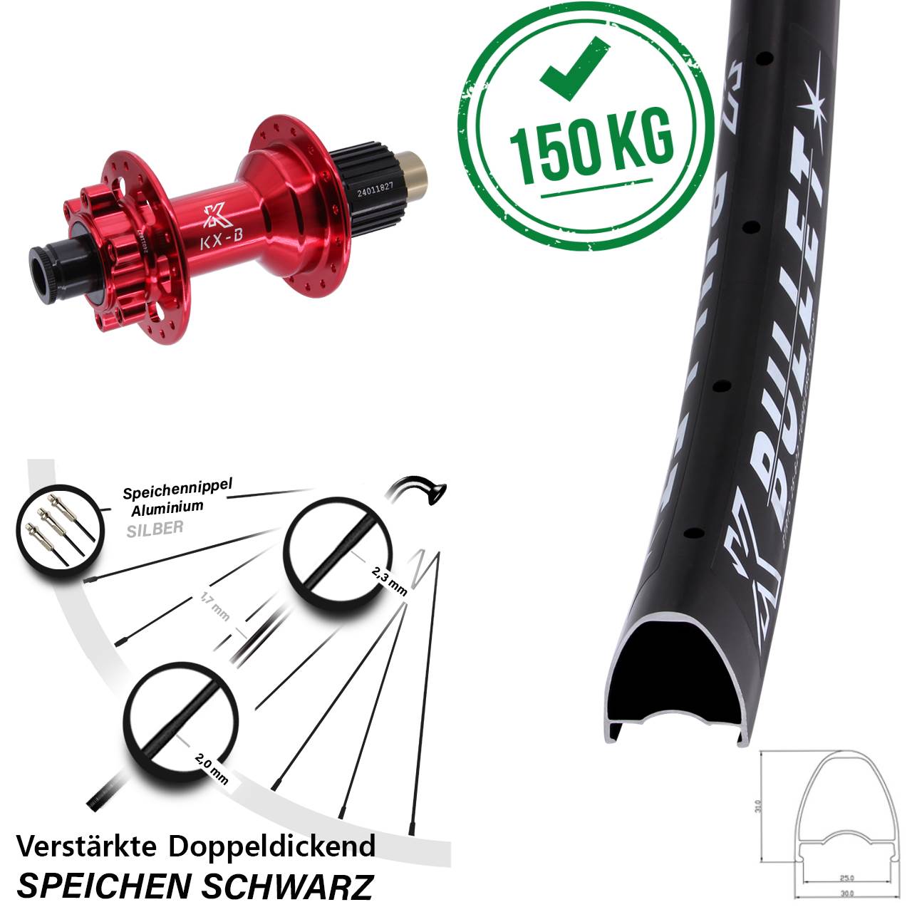 KX-Bullet rot 29 Zoll Hinterrad 6-Loch 12x148 Shimano Micro Spline