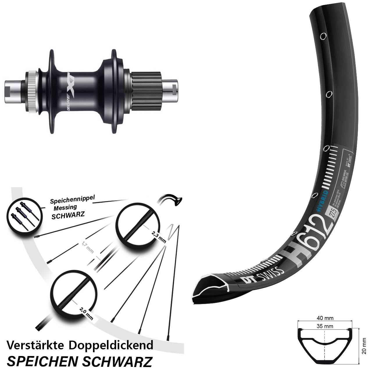 Disc Hinterrad 12x142 27,5 Zoll DT Swiss H 612 Shimano XT Shimano Micro Spline