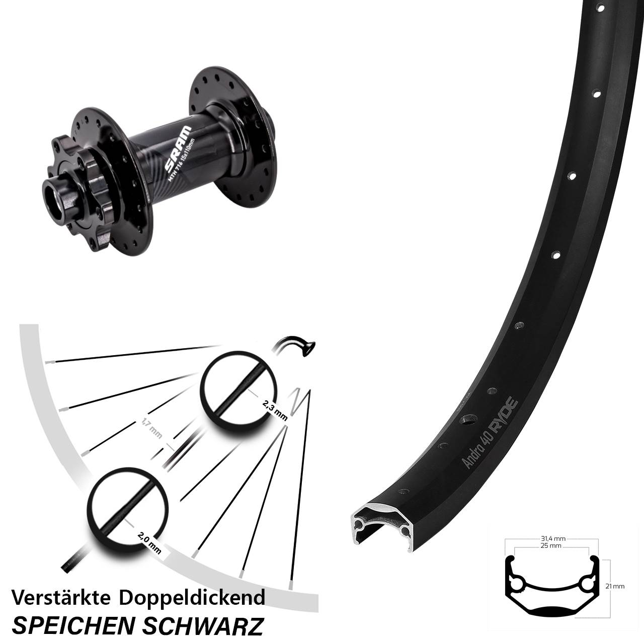 Ryde Andra 40 Sram 716 26 Zoll Vorderrad 6-Loch 15x110 Boost