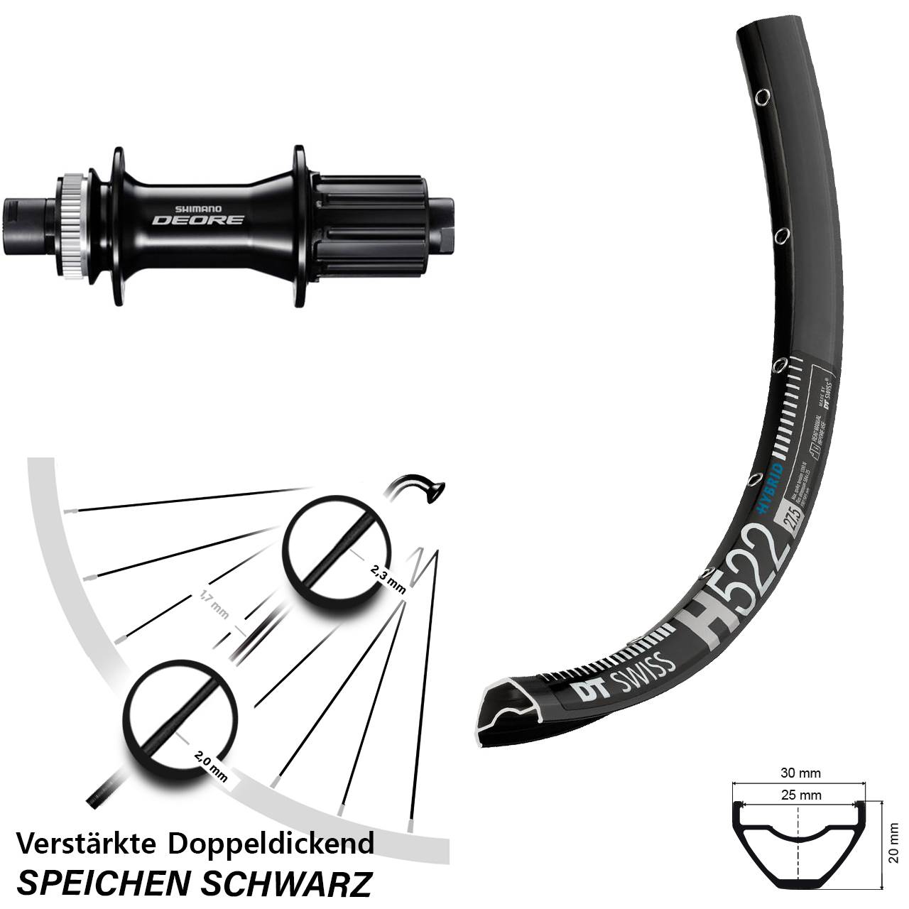 Disc Hinterrad 12x142 28-29 Zoll DT Swiss H522 Shimano Deore 8-11 fach