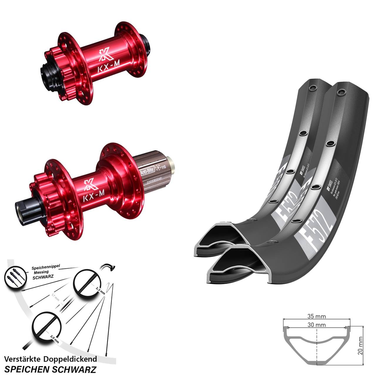 Disc Laufrad-Satz 15x100 12x142 27,5 Zoll DT Swiss F572 KX-M rot 8-12 fach