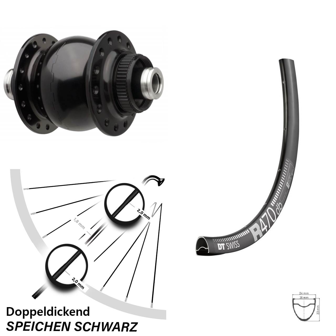 DT Swiss R 470 Disc Vorderrad SON 28 Zoll schwarz Dynamo 12x110 Steckachse