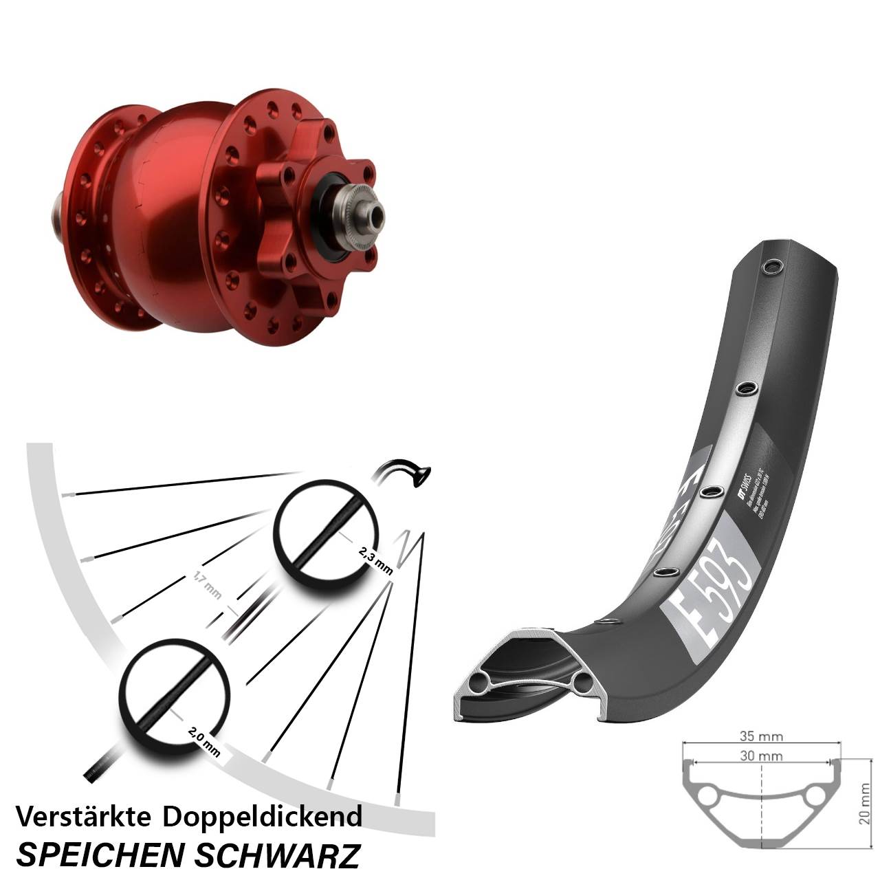6-Loch Dynamo-Vorderrad 29 Zoll DT Swiss E593 SON 28 rot für Schnellspanner