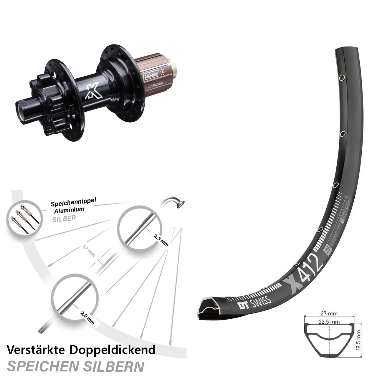 DT Swiss X412 KX-M Shimano Anti-Bite 29 Zoll Hinterrad 6-Loch 12x142 8-12 fach HG