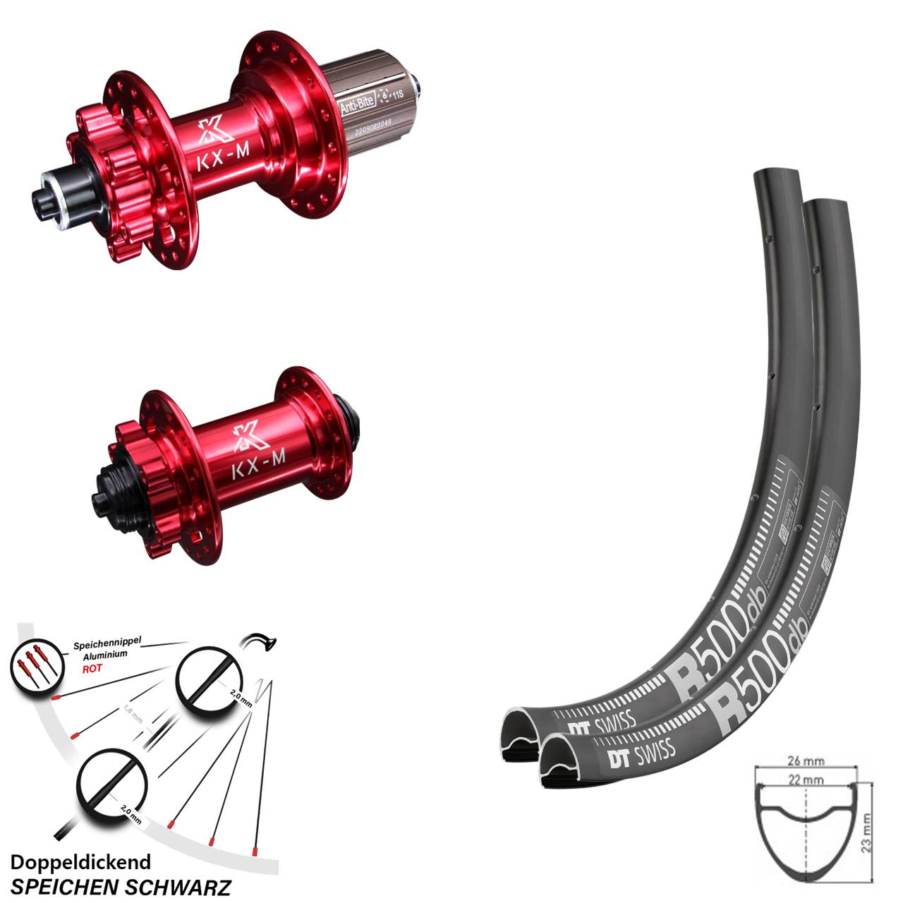 DT Swiss R500 Road Disc Laufradsatz 6-loch Nabe rot eloxiert KX-M 8-12 fach Schnellspanner