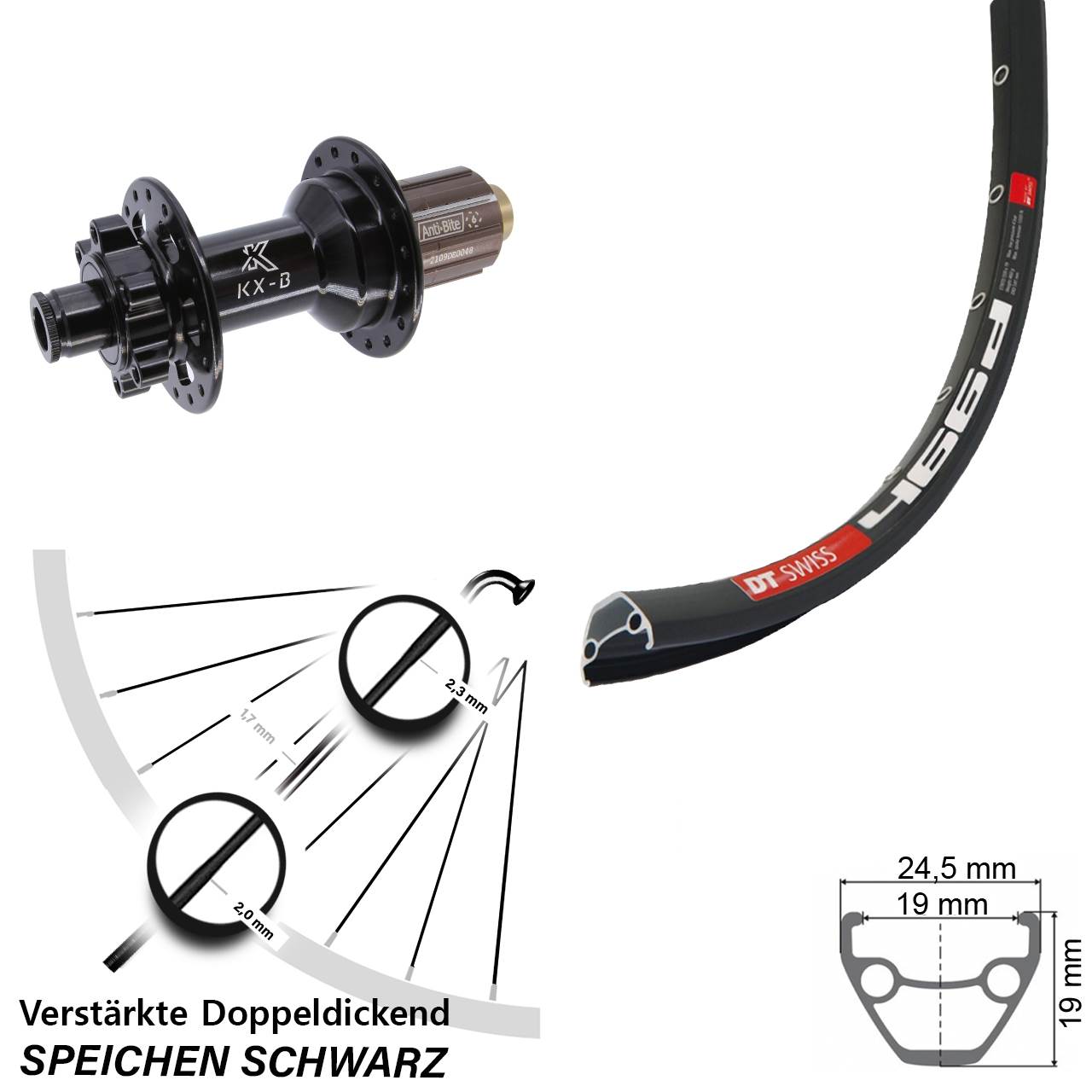 28 Zoll DT Swiss 466 KX-B 6-Loch Hinterrad 12x148 8-11 fach HG