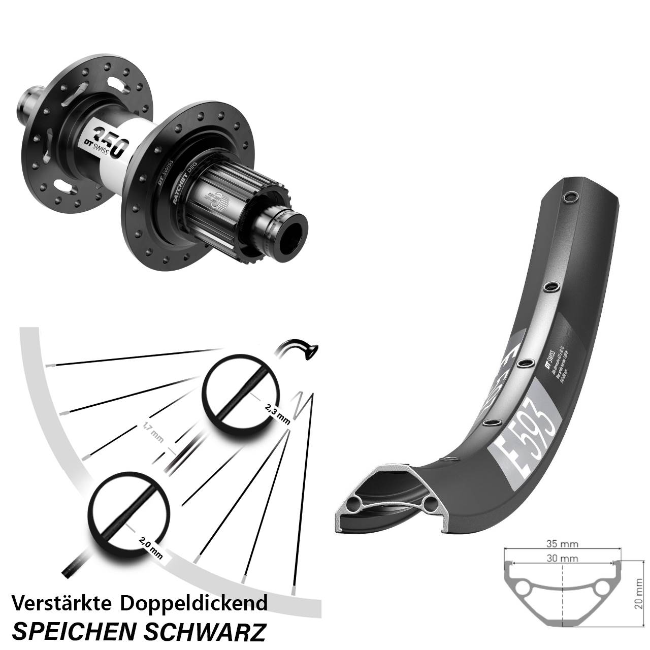 650B DT Swiss E593-350 DEG 72 Centerlock Hinterrad 12x148 Shimano Micro Spline