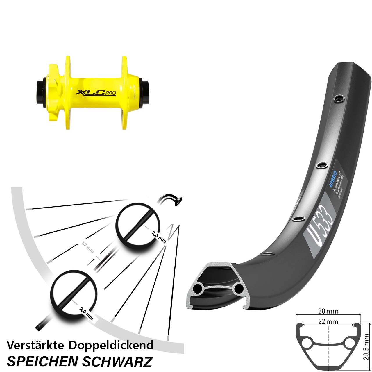 6-Loch Vorderrad 15x100 26 Zoll DT Swiss U533 XLC Pro gelb