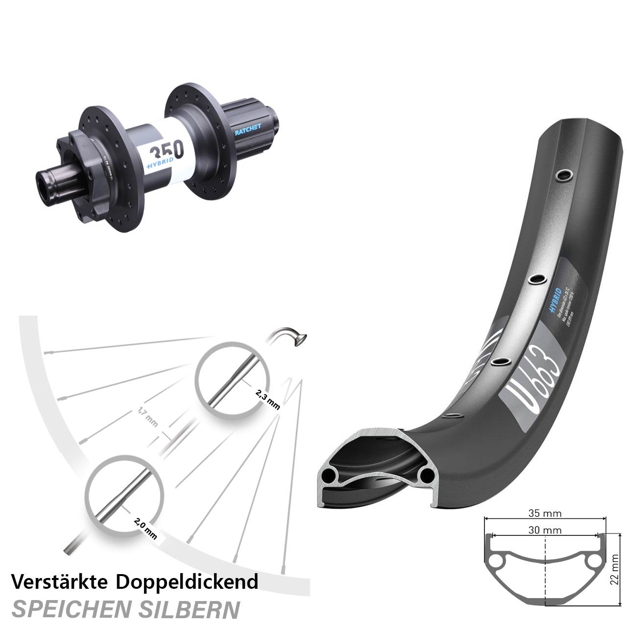 20 Zoll DT Swiss U 663-350 Hybrid 6-Loch Hinterrad 12x148 8-11 fach HG