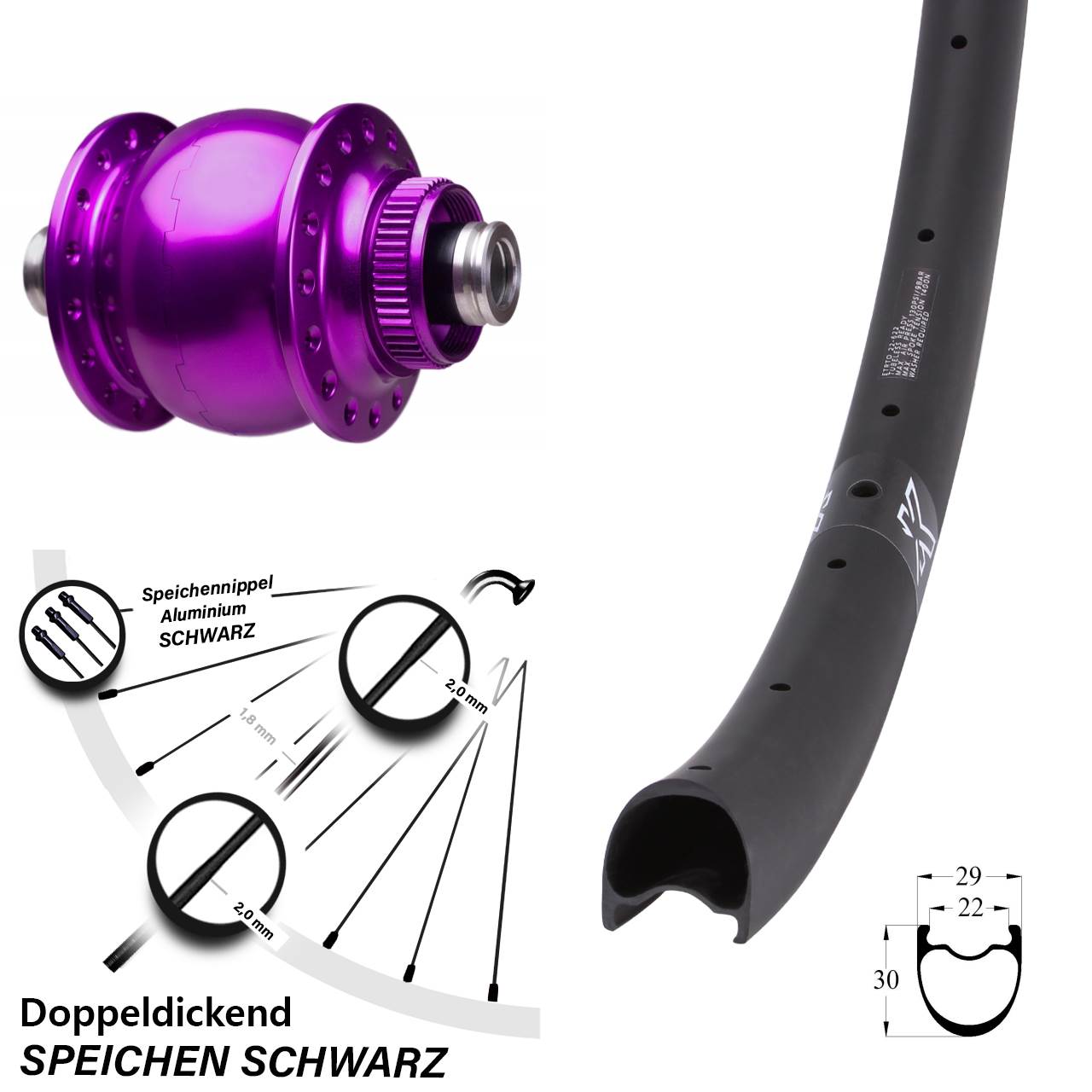 28 Zoll KX-RC Gravel Carbon SON 28 violett Centerlock Vorderrad mit Nabendynamo 12x100