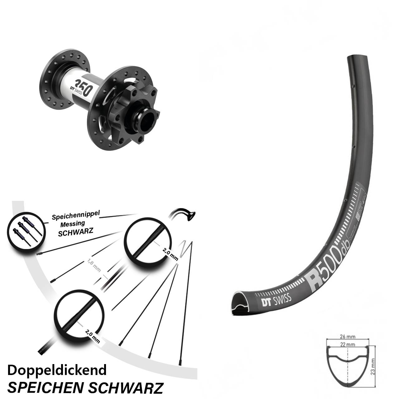 Vorderrad DT Swiss 350 R 500 28 Zoll 6-Loch für 15 mm Steckachse