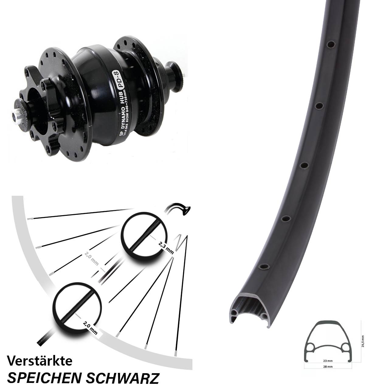 Disc Dynamo-Vorderrad für Schnellspanner 28 Zoll Ambrosio Sport Shutter PD-8