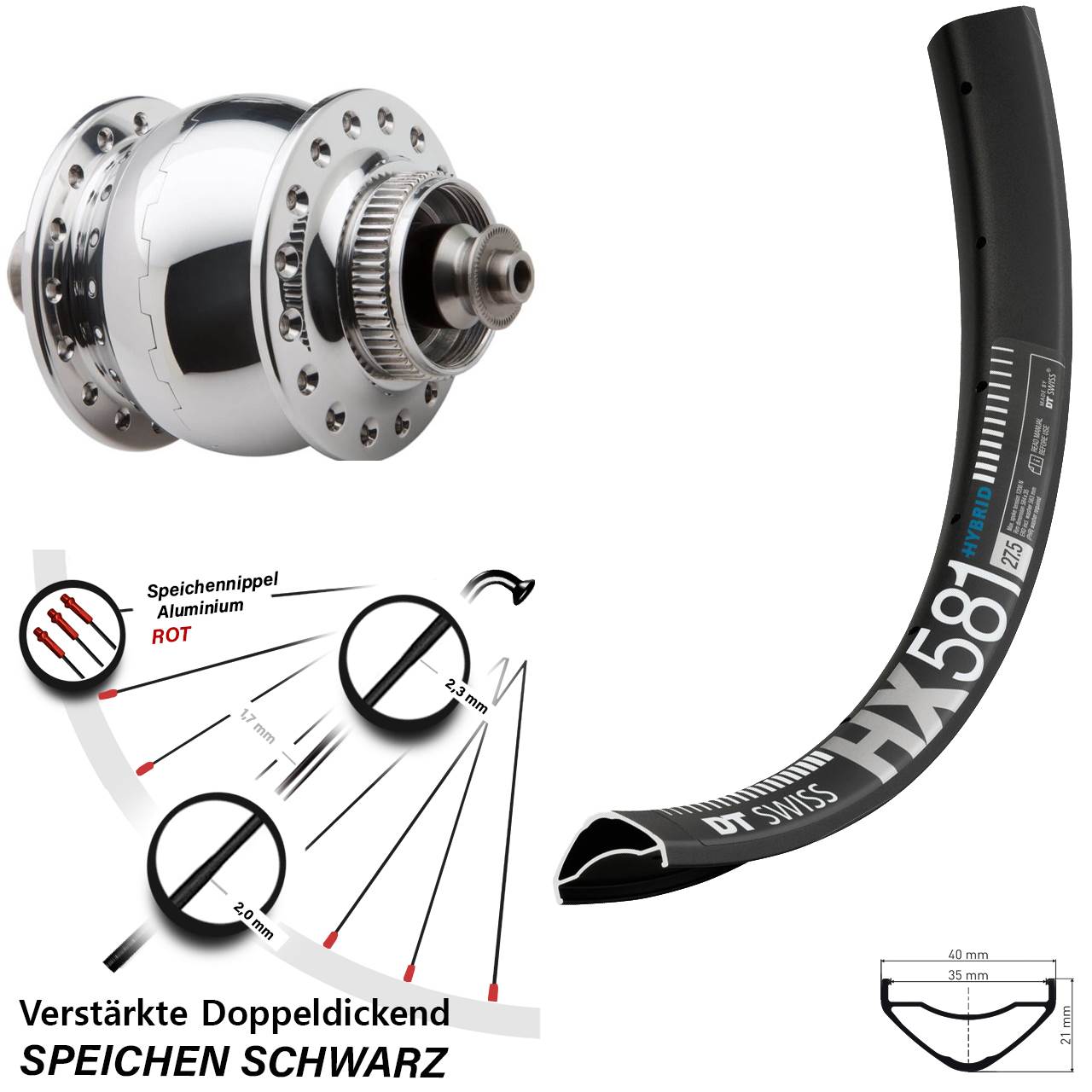 27,5 Zoll DT Swiss HX581 SON 28 poliert Disc Nabendynamovorderrad für Schnellspanner