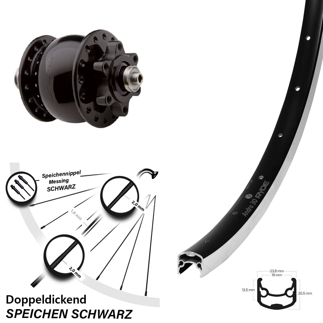 Vorderrad mit SON 28 6-Loch Ryde Andra 30 mit Bremsflanke 28 Zoll