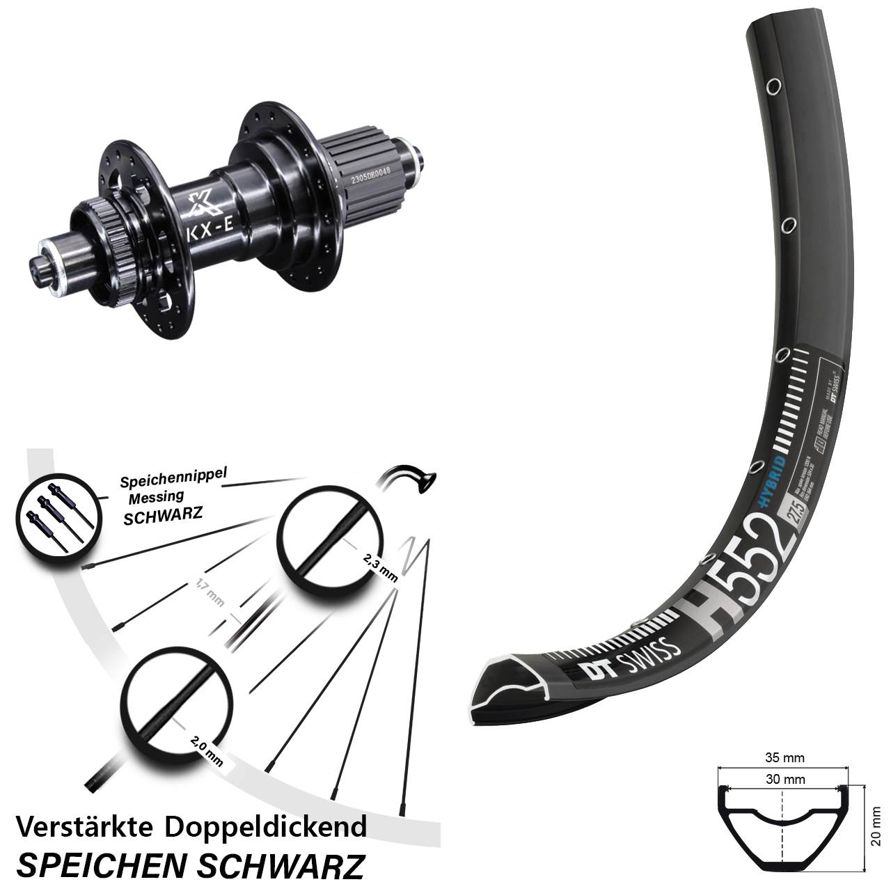 verstärktes 29 Zoll Hinterrad DT Swiss H 552 KX-E 5x135 mm Centerlock Micro Spline E-Bike