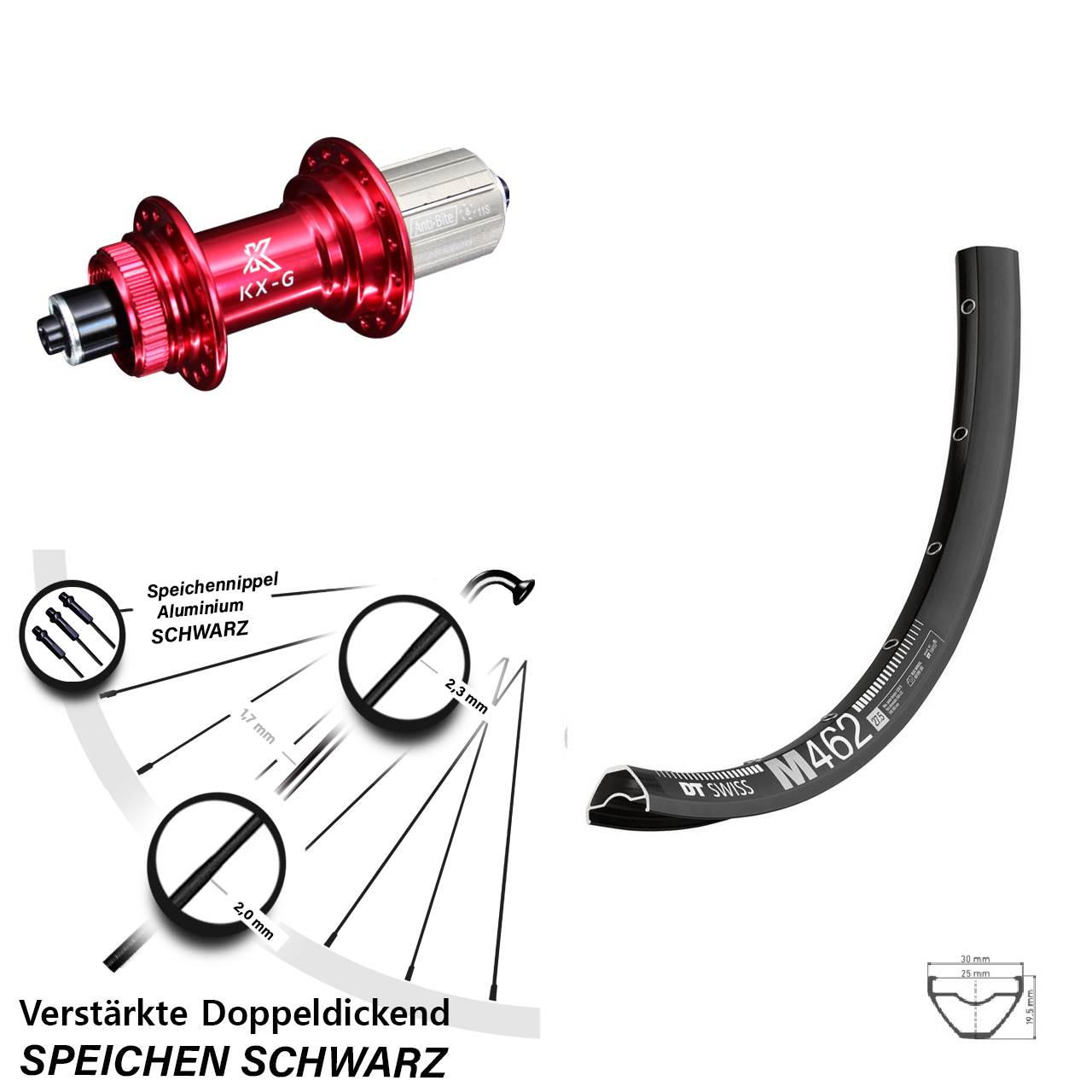 DT Swiss M 462 KX-G rot 27,5 Zoll Centerlock Hinterrad für Schnellspanner 8-12 fach HG