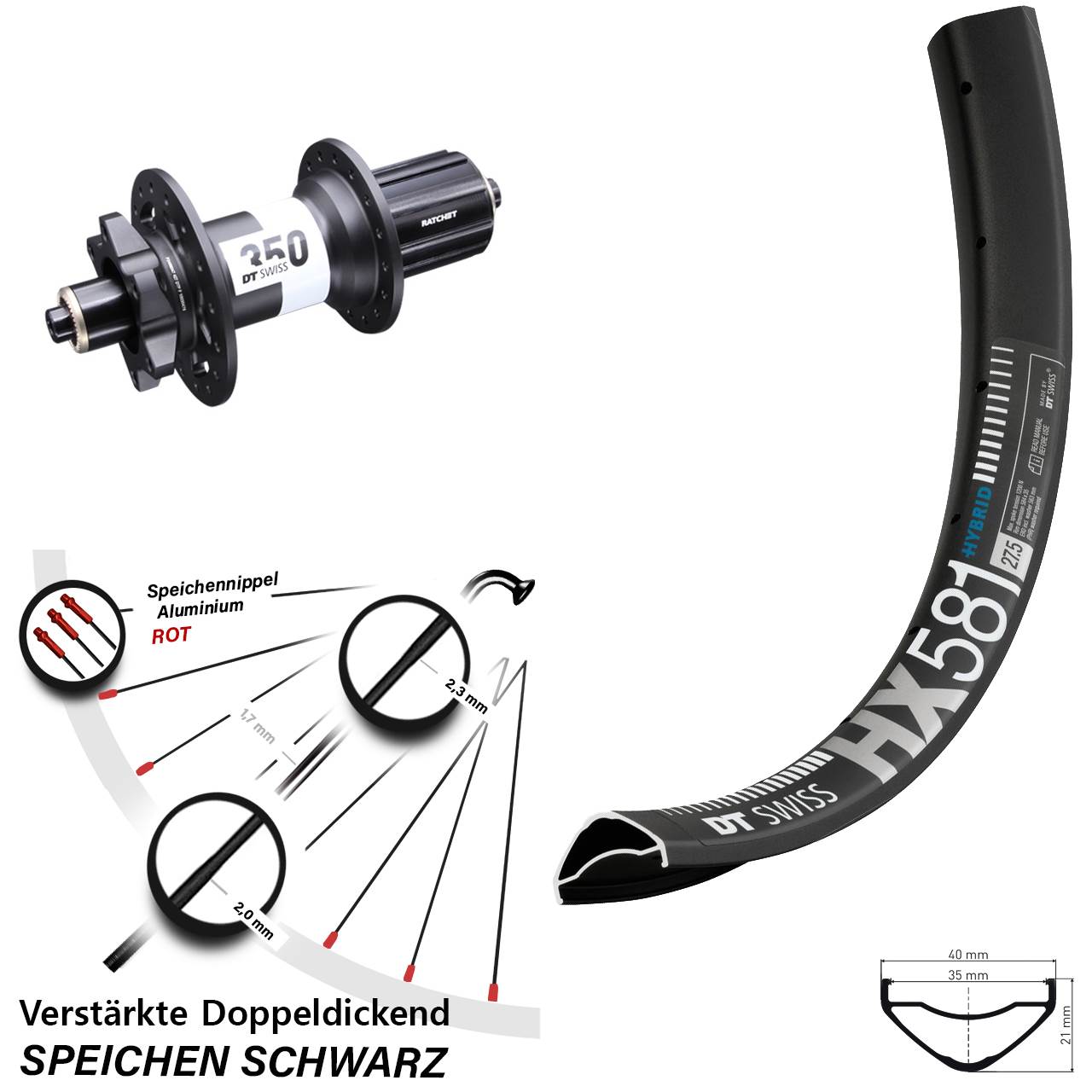 Disc Laufrad QR 27,5 Zoll DT Swiss HX581 DT Swiss 350 Ratchet 36 8-11 fach