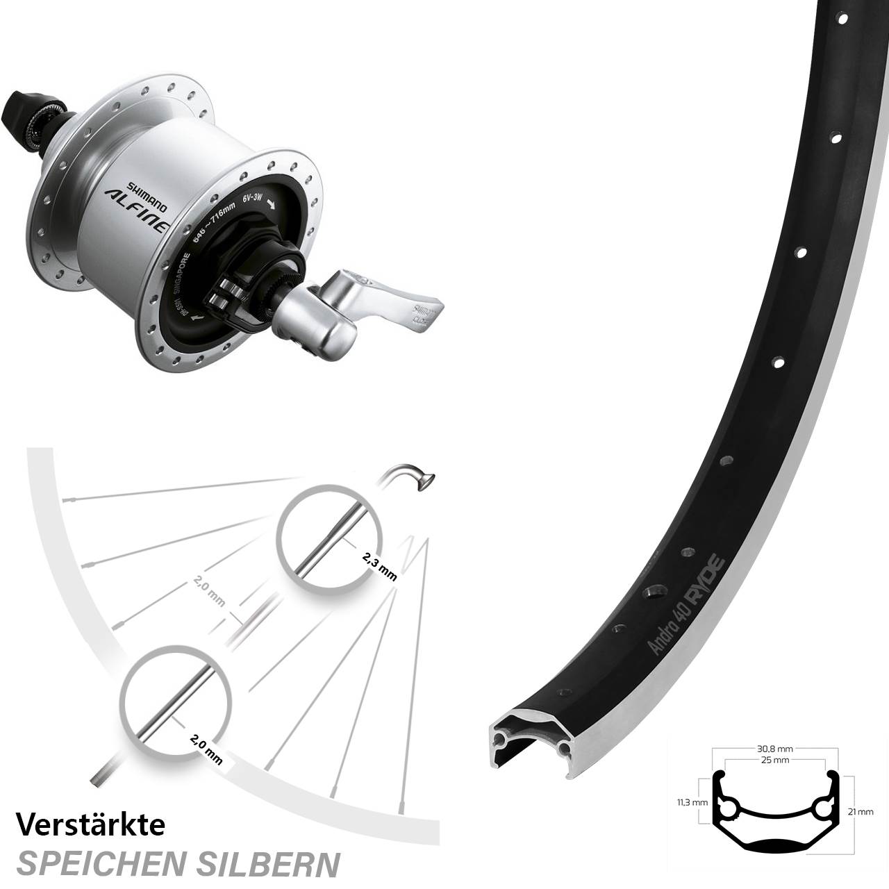 Vorderrad Ryde Andra 40 26 Zoll Nabendynamo Shimano Alfine