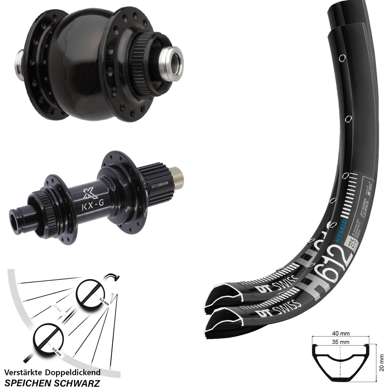 27,5 Zoll DT Swiss H 612 KX-G SON 28 Laufradsatz Centerlock 12x100/142 Micro Spline