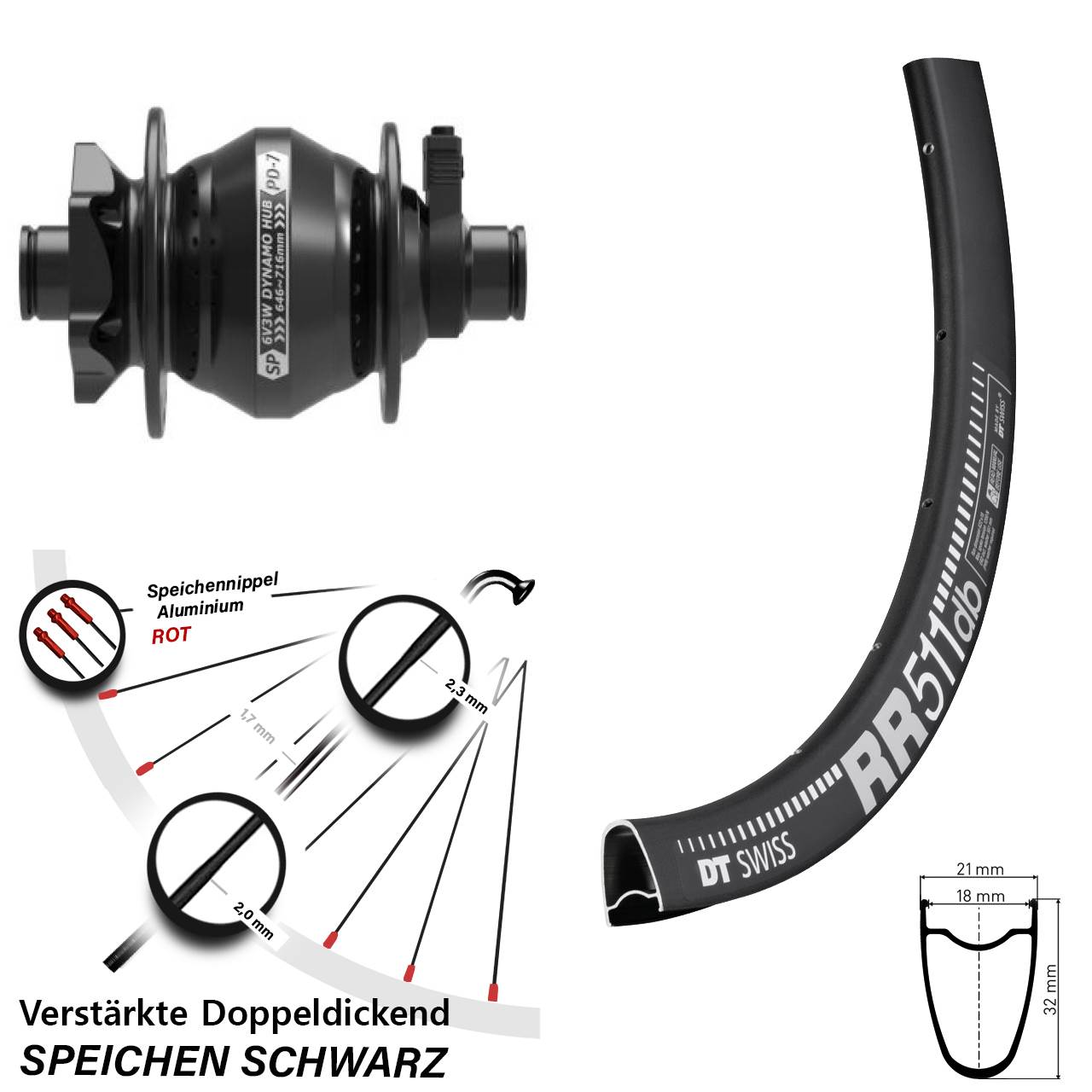 Disc Vorderrad mit Nabendynamo 28 Zoll DT Swiss RR511 Shutter Precision PD-7 12x100
