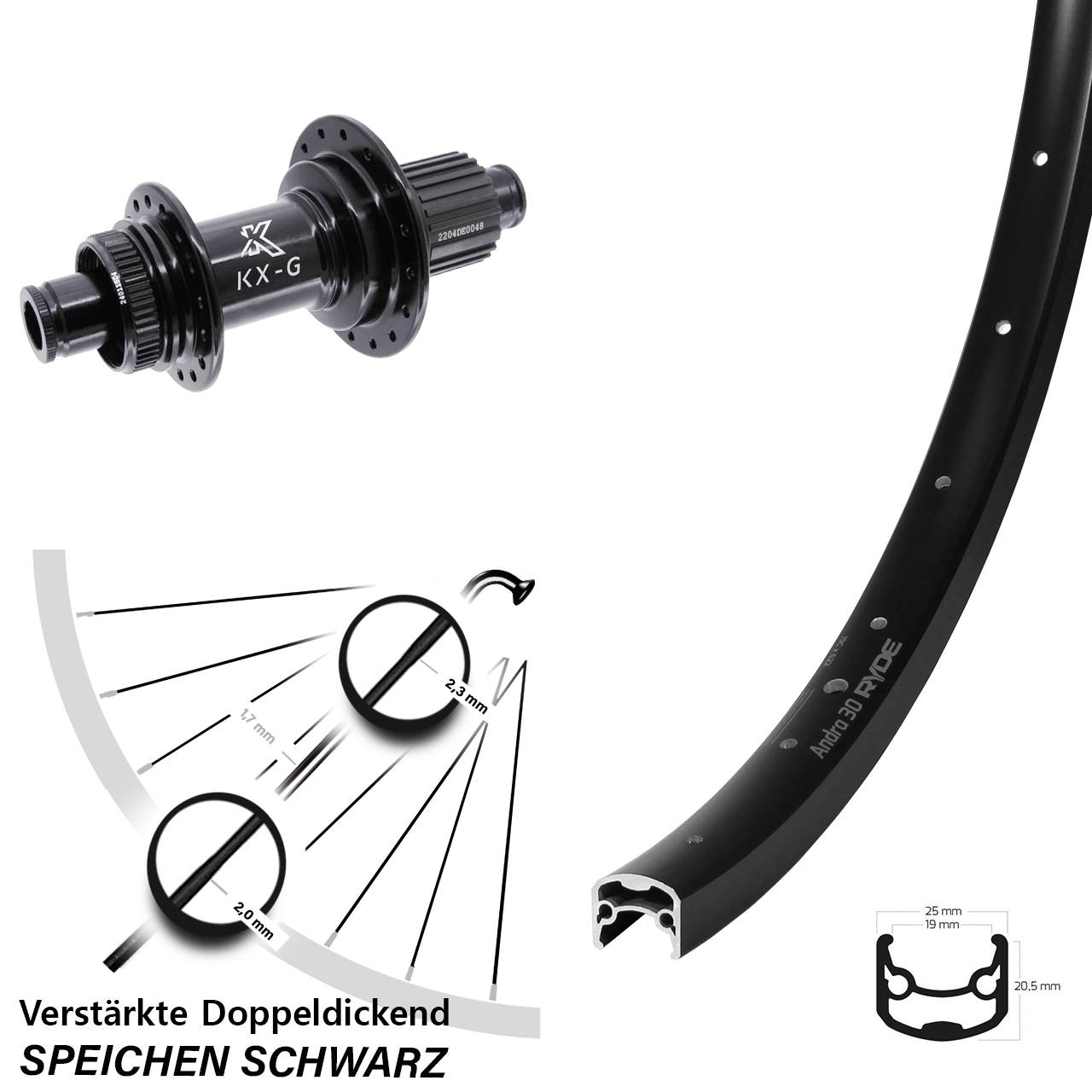 28-29 Zoll Ryde Andra 30 Disc KX-GS verstärkt Laufrad 12x142 Micro Spline