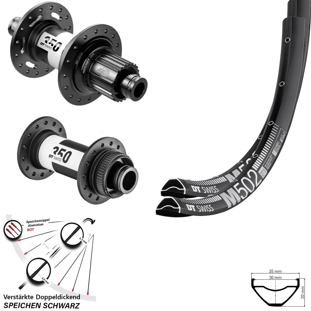 DT Swiss M502 350 DEG72 27,5 Zoll Centerlock Laufradsatz 15x110 12x148 Micro Spline