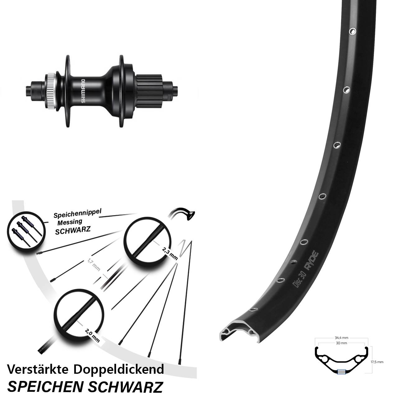 29 Zoll Ryde Disc 30 Shimano MT500 Centerlock Hinterrad für Schnellspanner Micro Spline