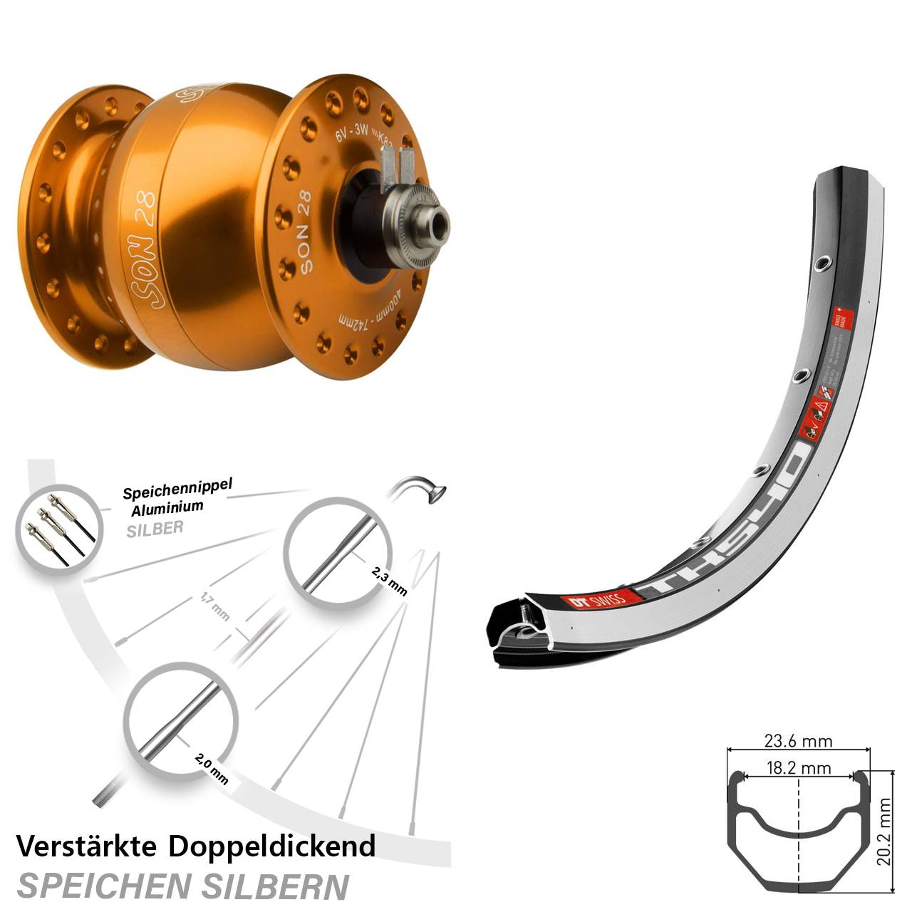 orangener SON 28 Zoll DT Swiss TK 540 Vorderrad mit Nabendynamo für Schnellspanner