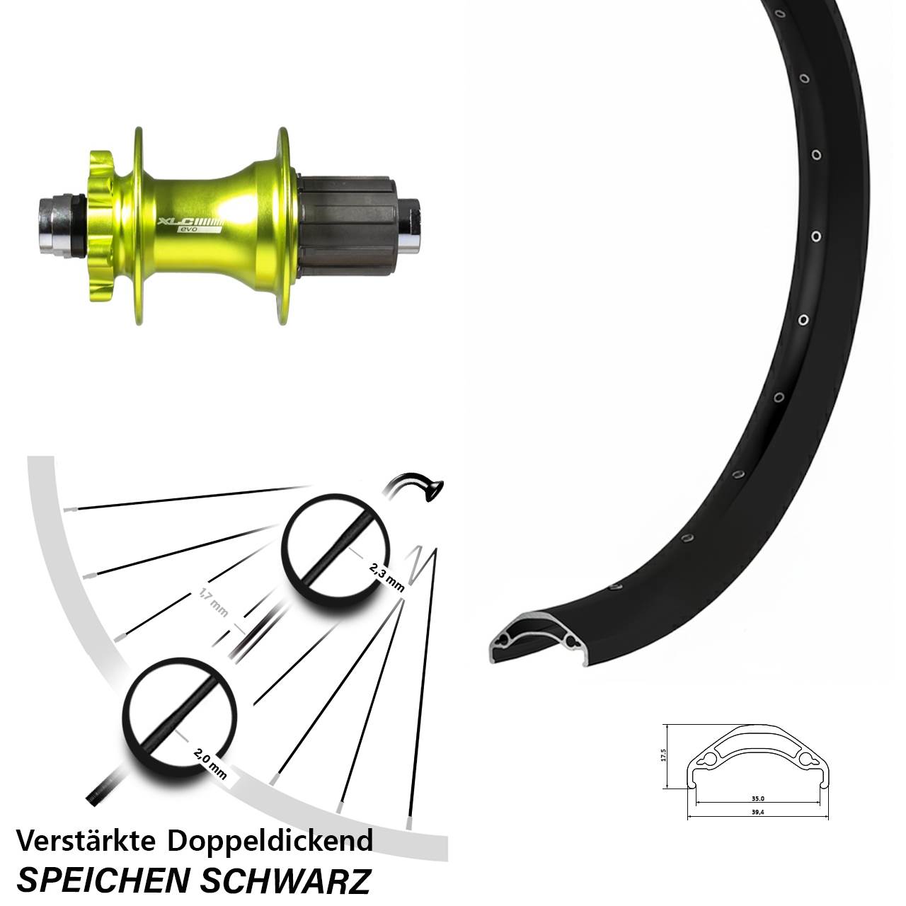 6-Loch Hinterrad 12x142 29 Zoll Ryde Disc 35 XLC Evo grün 8-11 fach HG