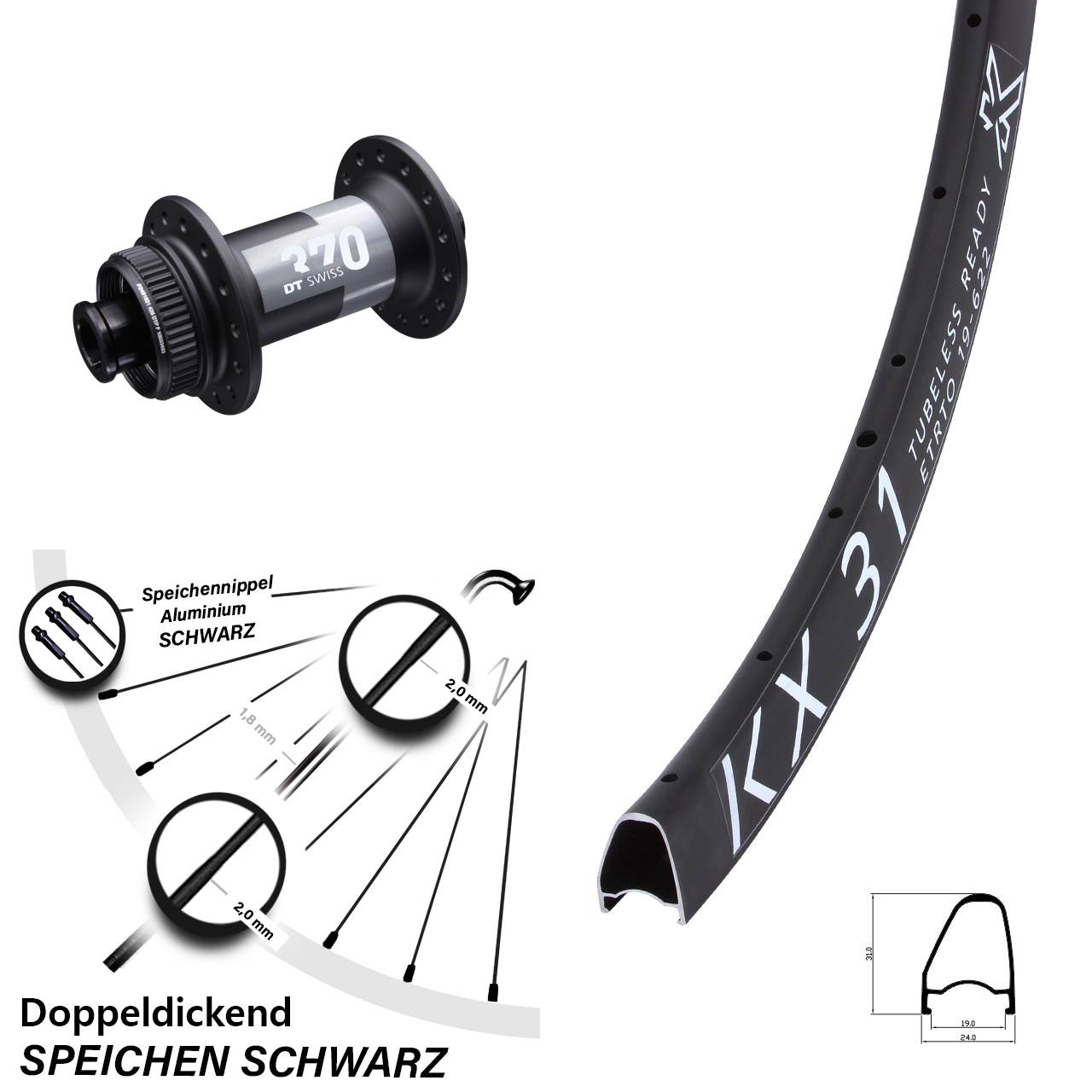 KX 31 Offset DT Swiss 370 28 Zoll Centerlock Vorderrad 12x100