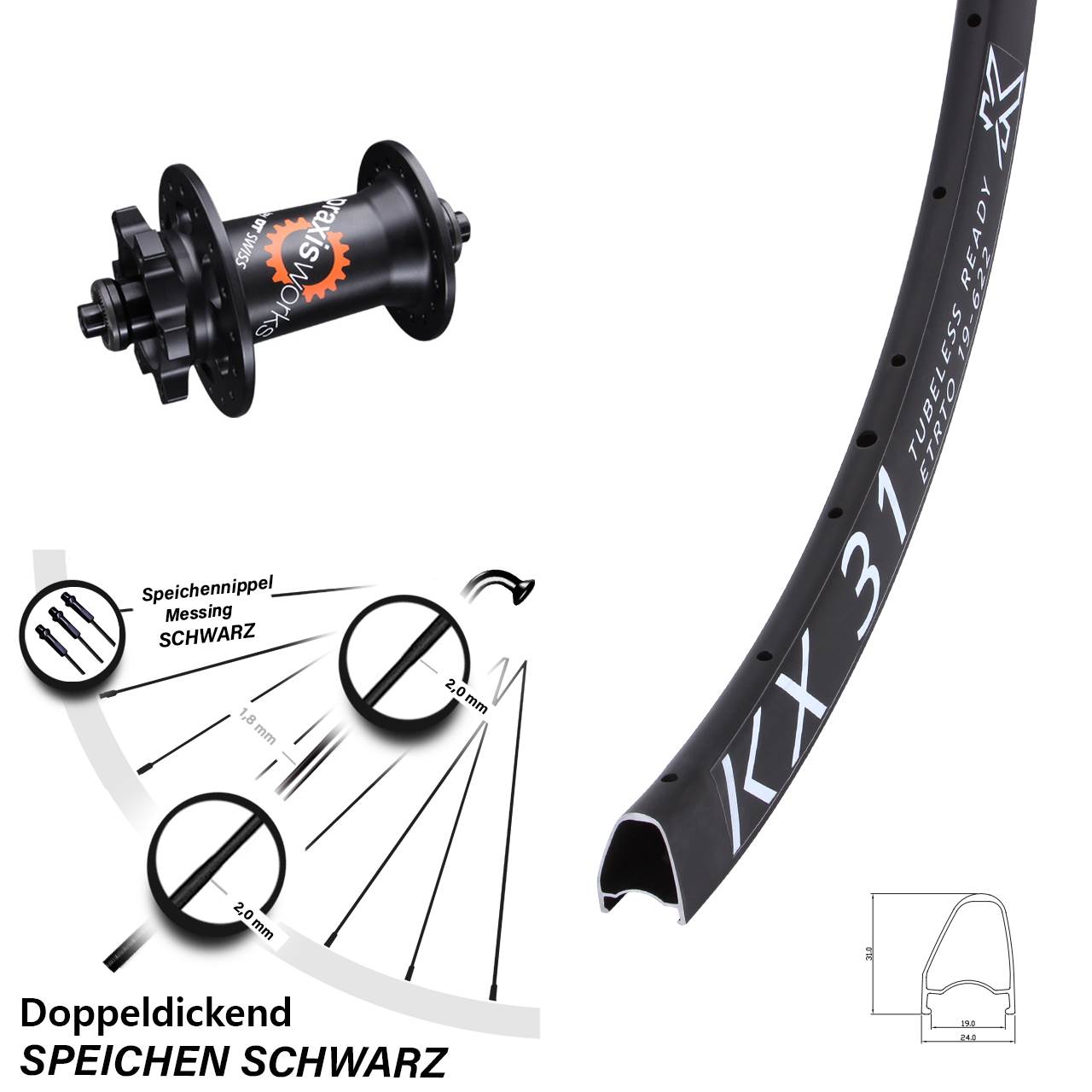 Vorderrad 6-Loch 28 Zoll KX 31 Offset DT Swiss 350 für Schnellspanner