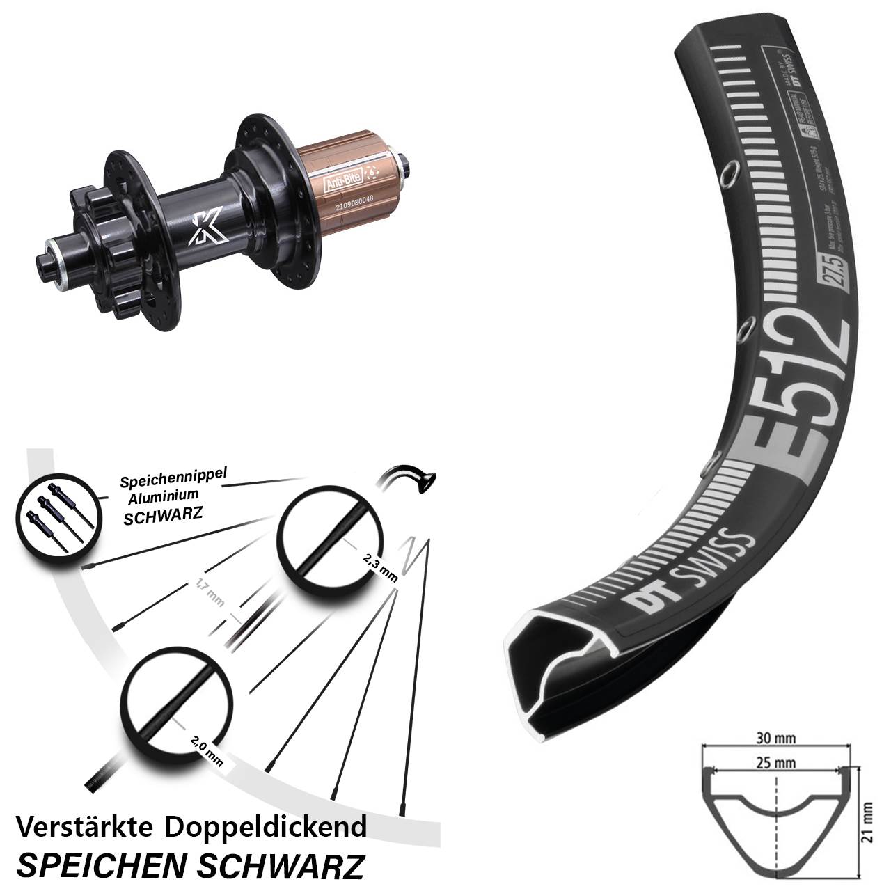 DT Swiss E512 KX-M Disc 29 Zoll Hinterrad für Schnellspanner 8-12 fach HG