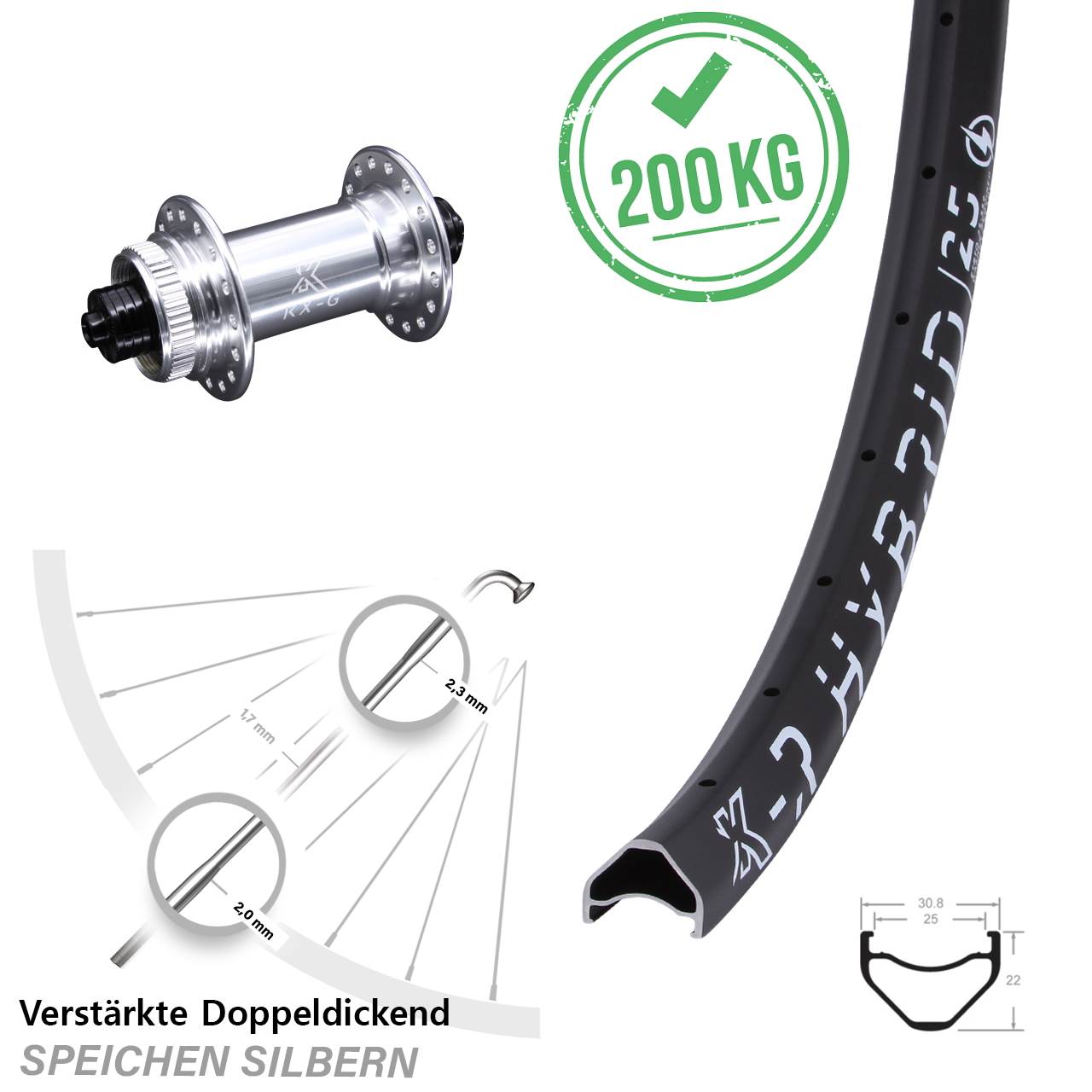 29 Zoll KX-R Hybrid 25 silbern verstärkt Vorderrad QR