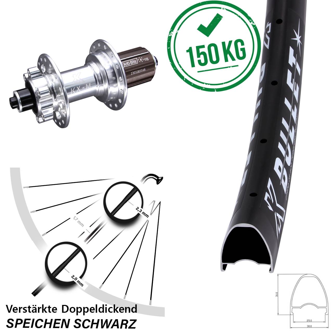 28-29 Zoll KX-M Bullet 6-Loch Hinterrad QR 8-12 fach HG