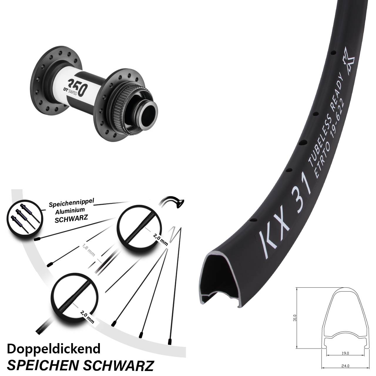 28 Zoll KX 31 DT Swiss 350 Vorderrad Centerlock 15x100