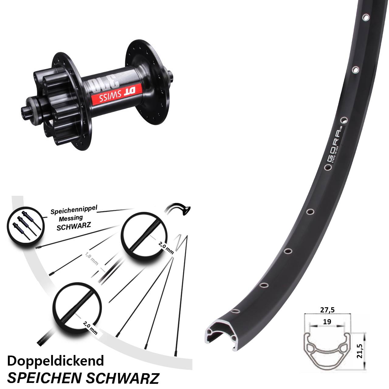 DT Swiss 370 Gora 19 Disc schwarz Vorderrad 28-29 Zoll 6-Loch