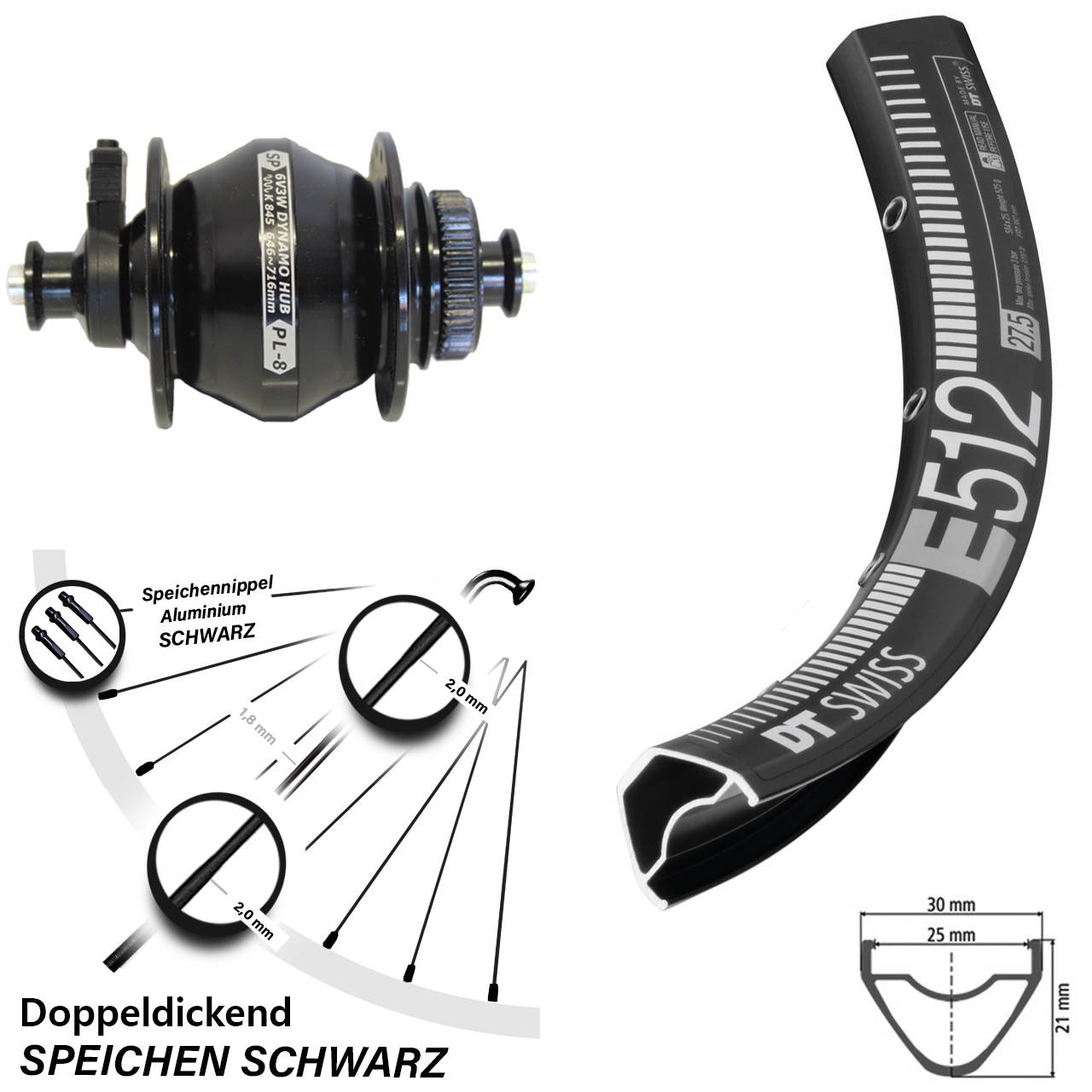 29 Zoll Vorderrad mit Nabendynamo DT Swiss E 512 Shutter Precision PL-8 für Scheibenbremse