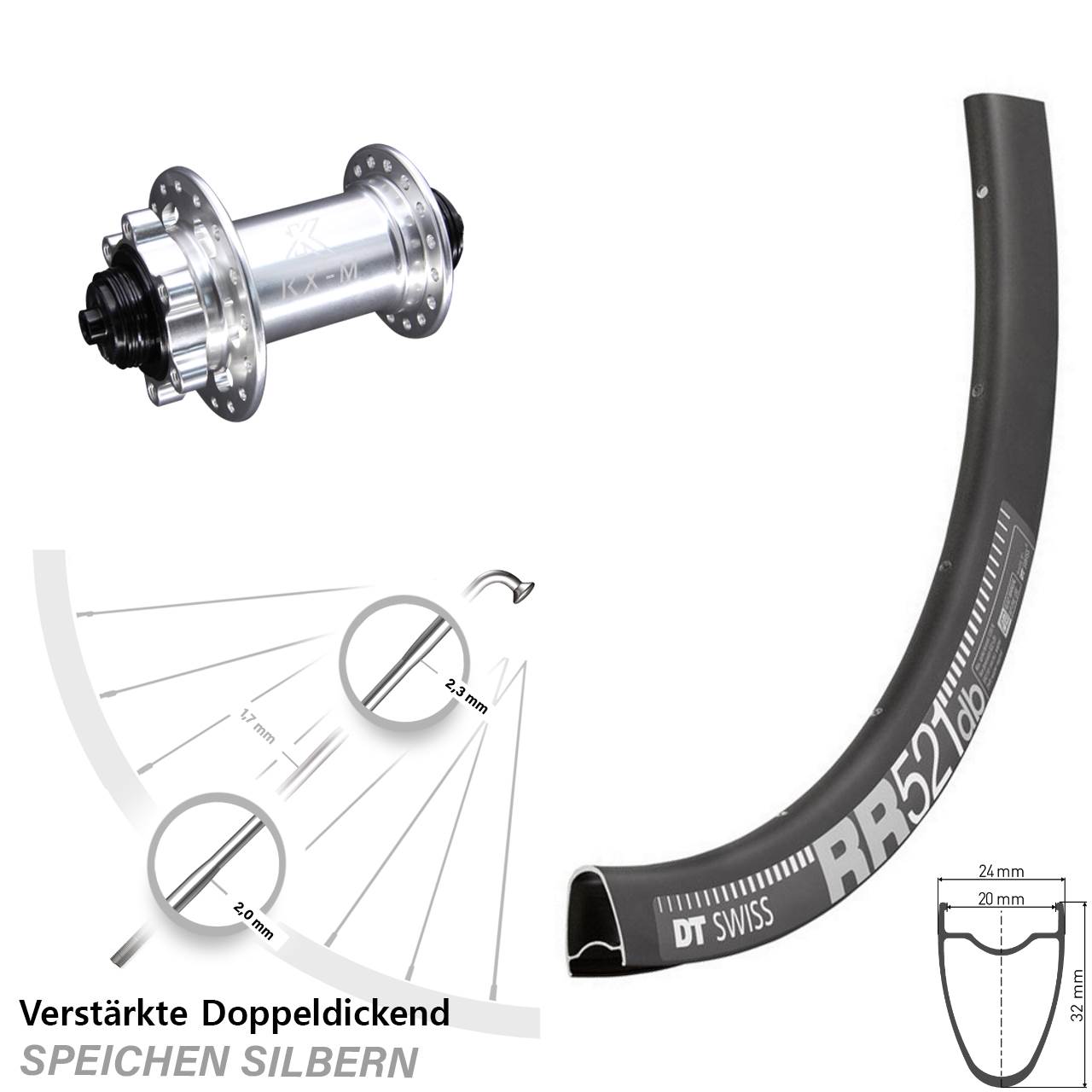 28 Zoll DT Swiss RR 521 KX-M Disc Vorderrad für Schnellspanner