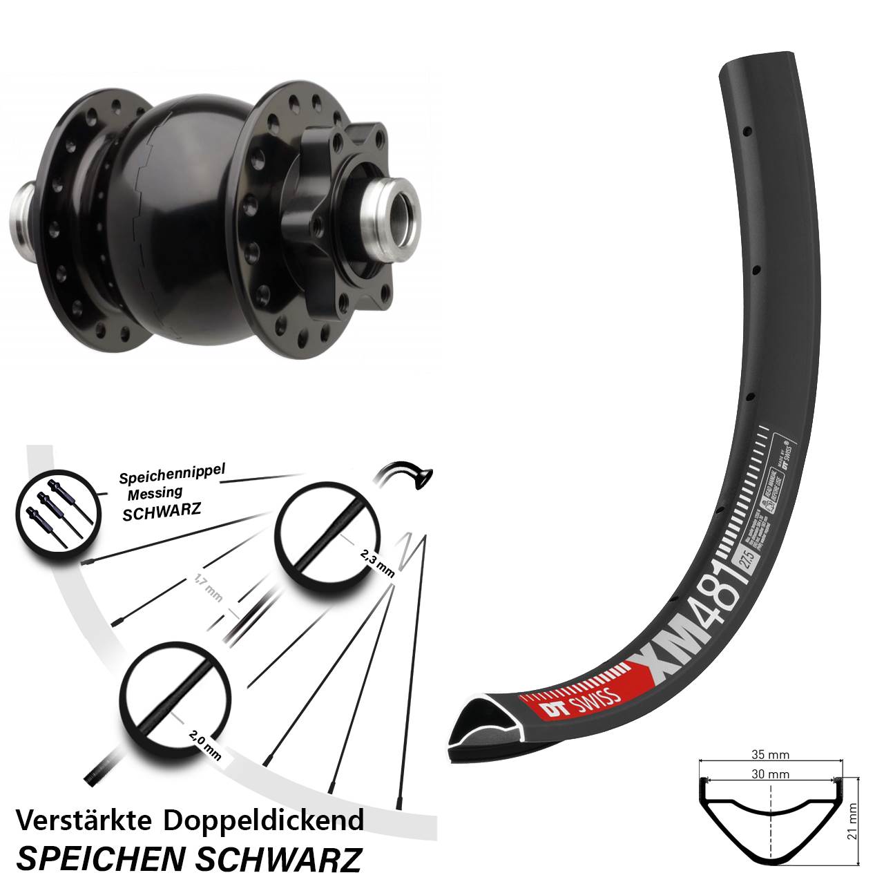 SON 28 DT Swiss XM 481 27,5 Zoll Vorderrad mit Nabendynamo 6-Loch 12x110 Boost