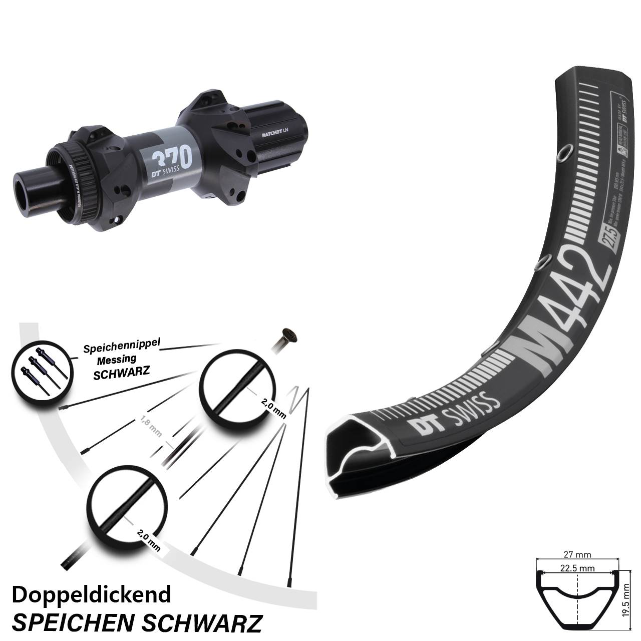 DT Swiss M 442-370 28-29 Zoll Hinterrad Centerlock 12x148 8-11 fach HG