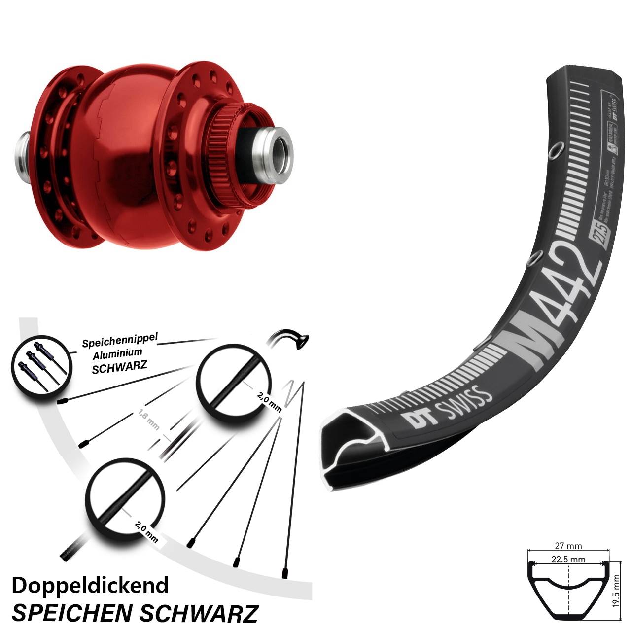 29 Zoll DT Swiss M 442 SON 28 rot Dynamo-Vorderrad Centerlock 12x100
