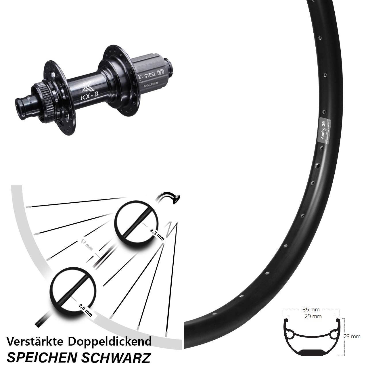 Ryde Andra29 KX-B Stahlachse 29 Zoll Centerlock Hinterrad 12x148 8-12 fach