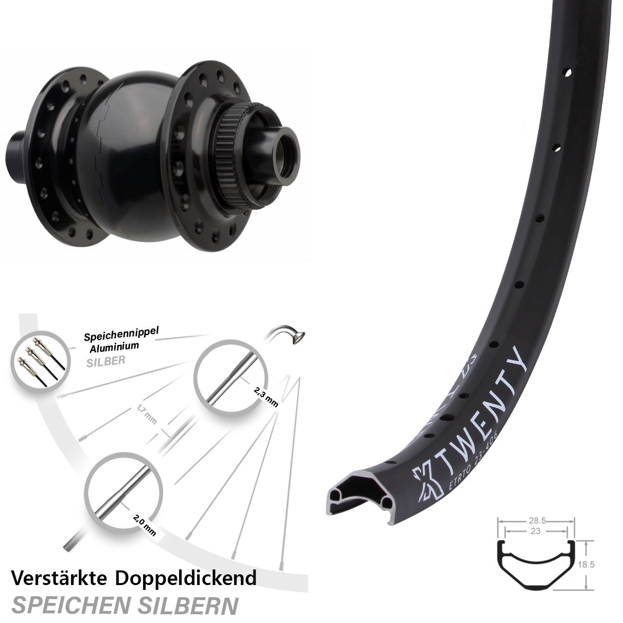 20 Zoll KX Twenty SON 28 Centerlock Vorderrad mit Nabendynamo 15x110 Boost