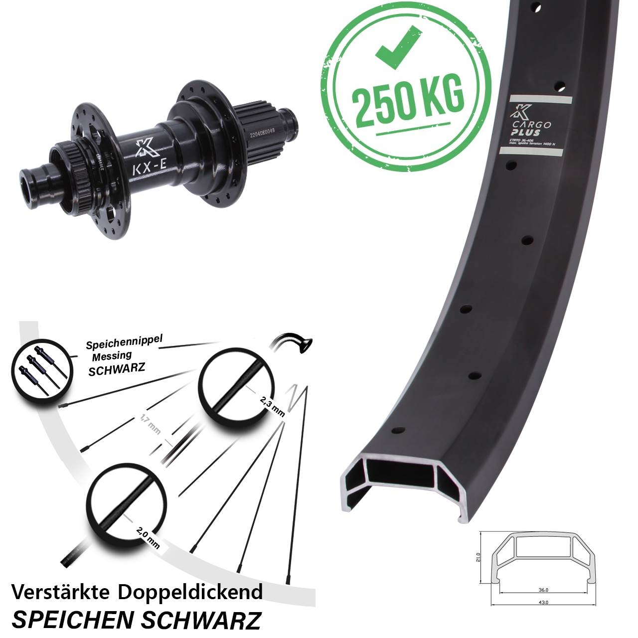 Disc Hinterrad 20 Zoll KX-E Cargo Plus Heavy Duty Shimano Micro Spline 12x148 Boost