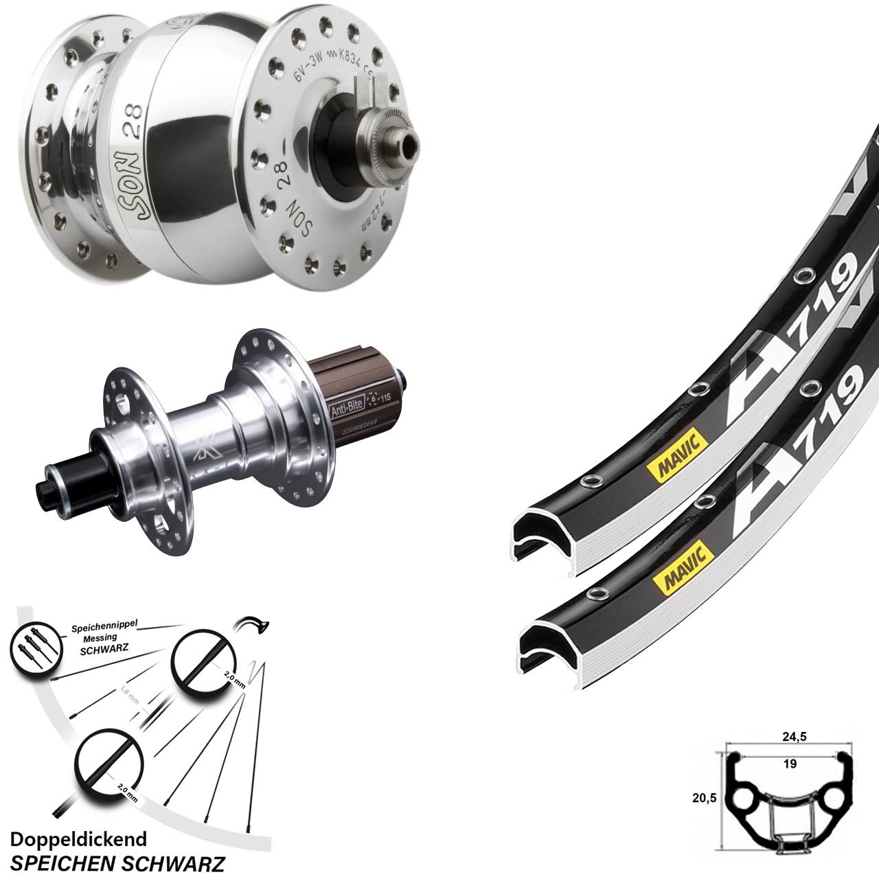 Laufradsatz QR SON 28 Zoll Mavic A 719 KX-T 8-12 fach