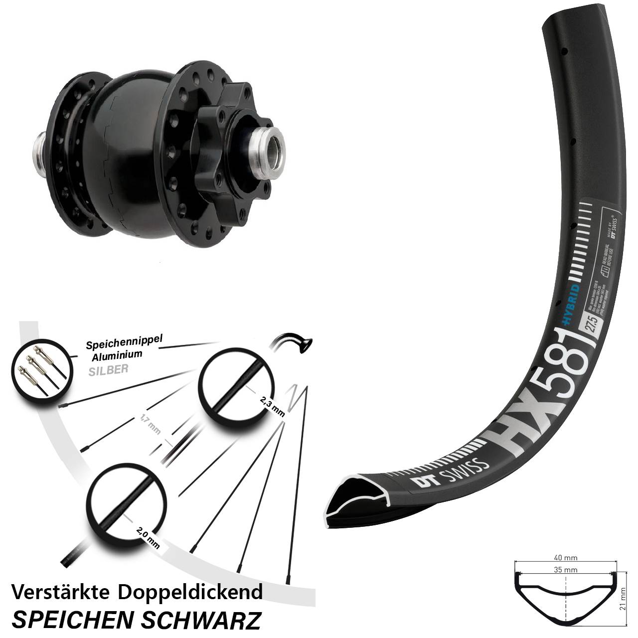 Nabendynamovorderrad 6-Loch 12x100 27,5 Zoll DT Swiss HX581 SON 28